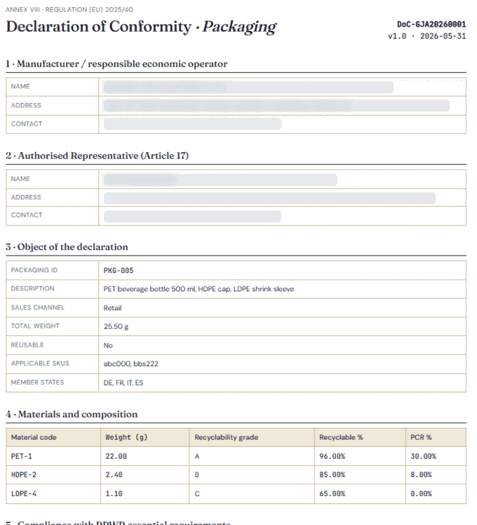 Sample Declaration of Conformity showing manufacturer, packaging object and materials with recyclability grades